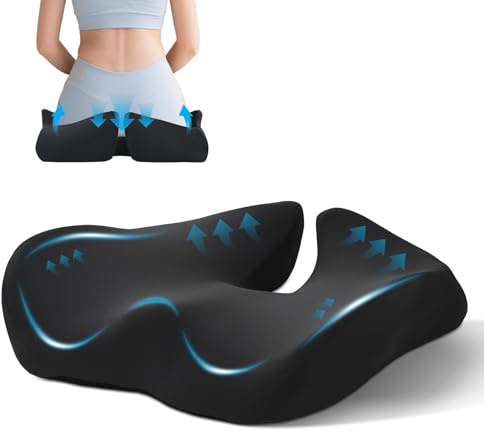 BRO Extra Large Coccyx Cushion, Ergonomic Seat Cushions for Tailbone Pain Relief, Memory Foam Chair Sciatica Cushion for Office Chair, Home, Car, Non-Slip Pressure Relief Pad, Black