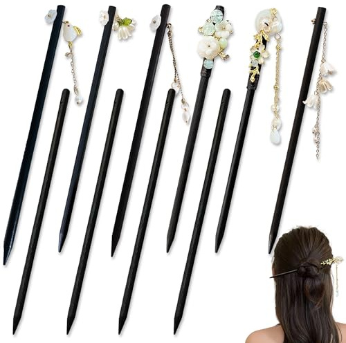 10 Pièces Epingle à Cheveux Chinoise, Vintage Bâtonnets de Cheveux en Bois Avec des Fleurs et des Glands, Baguettes de Cheveux Accessoires Epingle Cheveux pour Femmes