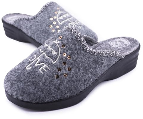 JOMIX Zapatillas Mujer Invierno de Fieltro Bordado LOVE Paraguas y Lentejuelas Cuña Baja Made in Italy Calientes y Cómodas para Casa ITD2432 Gris 40