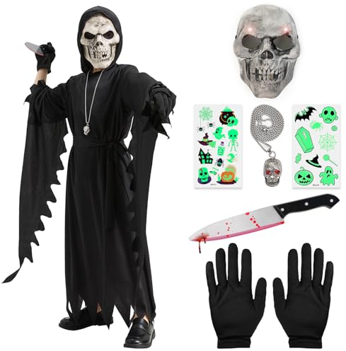 Lozzzyo Deguisement Scream Enfant, Costume Halloween Enfant avec Masque Squelette Lumineux, Poignard Factice et Collier Tête de Mort pour Halloween/Carnaval Cosplay (9-10 ans)