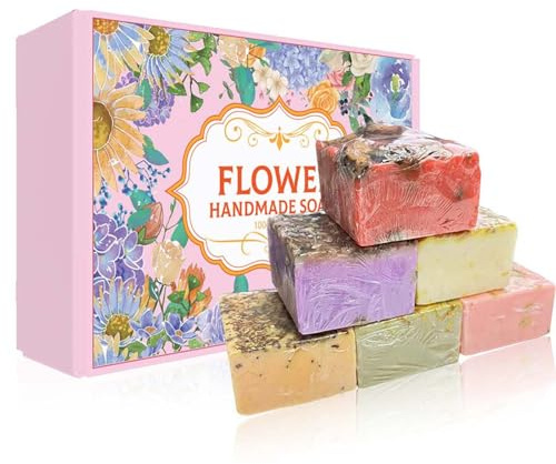 6 Stück Handgemachte Seife mit Blumen, Naturseife Set für Gesicht & Körper, Duschseife Sanfte Reinigung, Feuchtigkeitsspendende Reinigende Seifenstücke, Pflege für Glatte Haut