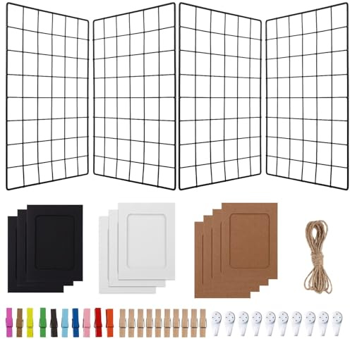 BOSREROY Wandgitterregale, 40 x 30 cm, Drahtpaneele mit Clips, Haken, Hanfseil und Bilderrahmen, dekorative Organizer für Wandflächen