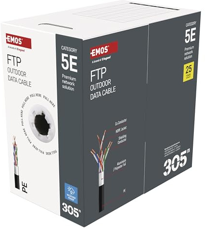EMOS - Cable de red FTP CAT 5e, 305m, PE - Cable de conexión CAT5e FTP - Cable LAN Gigabit - Cable Ethernet blindado - para exteriores