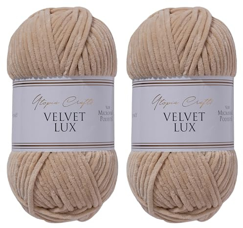 Utopia Crafts Velvet Lux Chenille Samtgarn, extra weiche dicke Wolle zum Stricken und Häkeln, 2x 100 g (Pastellbraun)
