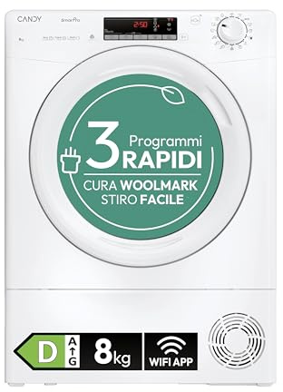 Candy Smart Pro CRO EH8N2TE-S Asciugatrice a Pompa di Calore, 8 kg, Connettività Wi-Fi + BLE, Programma Stiro Facile, Libera Installazione, 85x 60 x 58.5 cm (A x L x P cm), Bianco, Classe D
