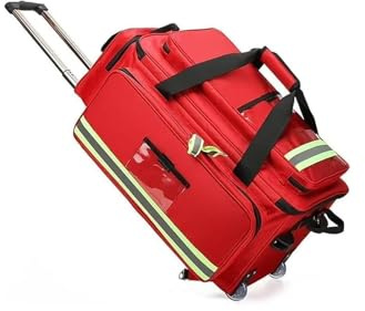Erste-Hilfe-Tasche mit Rollen - Große, Wasserdichte Arzt- und Pflegetasche mit abnehmbarem Trolley, Reflexstreifen & Organizer-Fächern für Zuhause, Reisen, Camping und Wanderung (Rot)