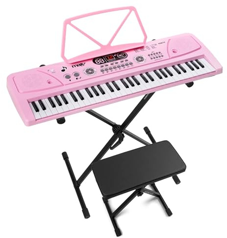 MAX KD61P – Piano infantil digital 61 teclas con soporte y banqueta, batería recargable, micrófono, grabación, display LED, ritmos y acordes, ideal teclado musical para niños y principiantes