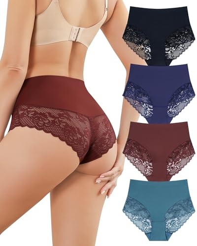 Aijolen Culotte sans Couture Femme Invisible Taille Haute Slip Dentelle | Respirant sous-Vêtements Féminins, Sexy Extensible Hipster Bikini, Lot de 4, S-XXL, Soft Underwear Women Dim Culottes