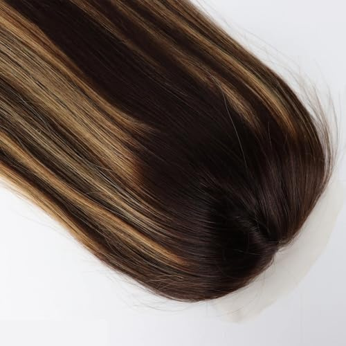 Äkta människohår silkebas och spets främre höjdpunkter, blond brun 4/27, sidentopp, jungfruhår med klämmor hårprydnad för kvinnor (56 cm)