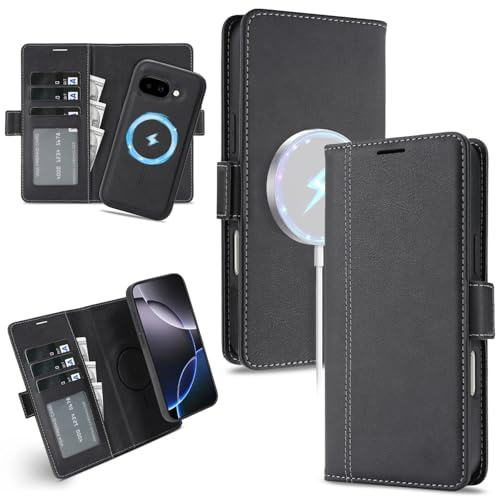 PTPLIFE Étui de protection à rabat en cuir de qualité supérieure avec compartiment pour cartes et fonction support - Compatible avec Google Pixel 9a - Noir