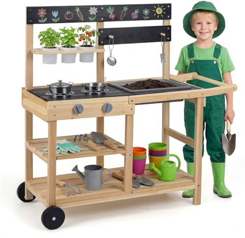 Maxmass Kids Mud Kitchen, Outdoor Garden Potting Bench with 3 Planting Pots, 2 Stoves, Removable Sink, Blackboard, Children Play Kitchen Backyard Toddler Toy Kitchens Pretend Set for 3+ Years Old