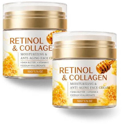Crema anti-età al Retinolo con Miele, Collagene & Acido Ialuronico - Crema idratante anti-ruggine per viso e collo - Burro di Karité, Vit E, Ialuronato di Sodio (2pc)