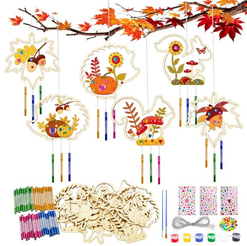Aixxikum Windspiel Bastelset Kinder Holz, Herbst Basteln zum Bemalen, Igel Ahornblatt DIY Herbstdeko mit Farben, Pinsel, & Filzkugeln für Mädchen Jungen Erntedank Halloween Bastelarbeiten,Geschenke