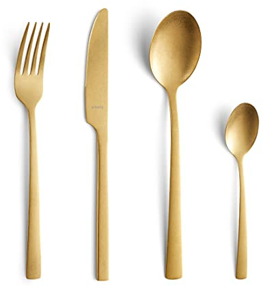 Amefa Besteckset MANILLE 16-teilig | Gold | PVD Beschichtung| Edelstahl rostfrei | Besteck Set für 4 Personen | Klingenstahl 13/0, Edelstahl 18/0 | Mit Messer, Gabel, Löffel & Kaffeelöffel