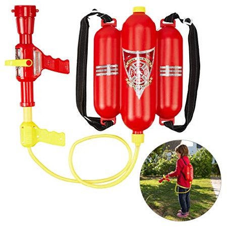 Relaxdays Feuerwehr Wasserspritze, 2,5 l Wassertank, 5 m Reichweite, 2 Sprühfunktionen, Löschrucksack Kinder, rot-gelb