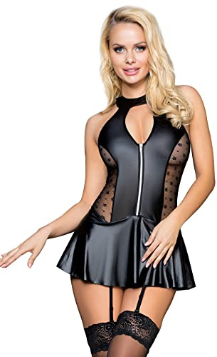 comeondear Lederkleid Damen mit Strapse Sexy Wetlook Strapsen Dessous Große Größen Rückenfrei Kunstleder Reizwäsche für Mollige Frauen Minikleid Negligee Curvy Partykleid Clubwear Schwarz,S