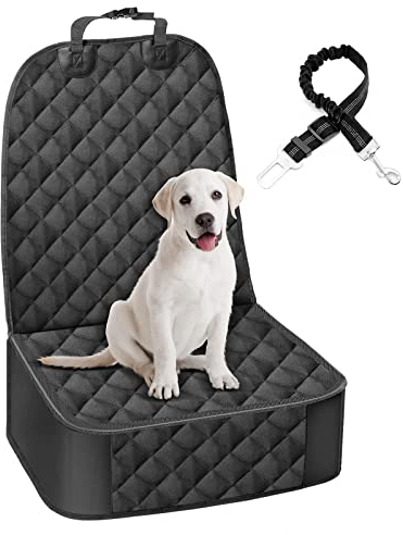 GARELF Dog Front Seat Cover for Cars, Trucks, SUVs - Black, Universal Fit, 600D Polyester, Cotton, Waterproof Non-slip Backing, 2 in 1: Front Seat Cover & Dog Seat Belt