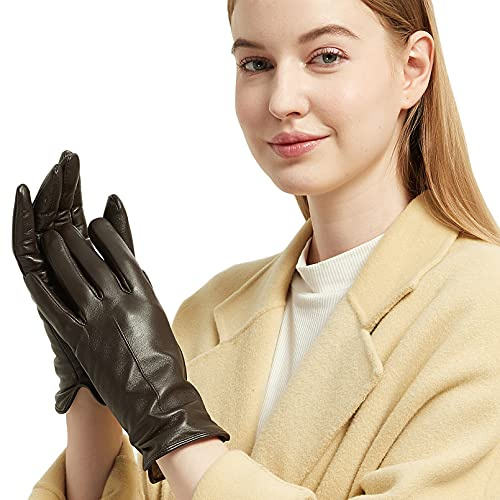 NOVBJECT Lederhandschuhe Winter Damen Touchscreen Lammfell Elegant Kaschmir Gefüttert Warm Outdoor Fahrhandschuhe