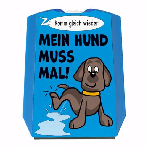speecheese Hund muss mal! Parkscheibe in blau mit 2 Einkaufswagenchips mit pinkelndem Hund sowie Eiskratzer und Wasserabstreifer als lustiges Geschenk für Hundebesitzer