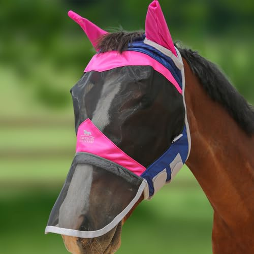 Harrison Howard UV-beständige Vorverriegelung Zuverlässiger Schutz Pferde Fliegenmaske Lange Nase mit Ohren-Fuchsia/Navy (L; Full Size)