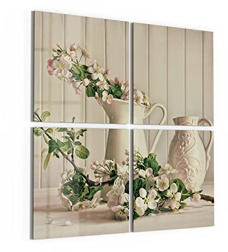 DEQORI Glasbilder Acrylglas | Motiv Apfelblüten im Krug | quadratisch 4-teilig 100x100 cm | große XXL Deko | Wandbilder für Wohnzimmer, Schlafzimmer, Flur & Küche | moderne Wanddeko
