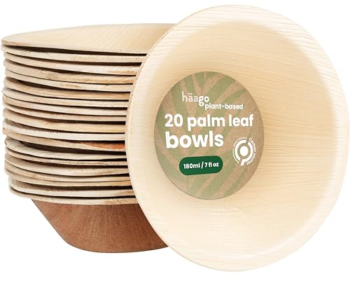 HAAGO 20 Ciotole in Foglie di Palma (180 ml, Rotonde) Compostabili e Monouso - Stoviglie Ecologiche per Pic-nic e per Esterni - Sicure in Freezer e Microonde
