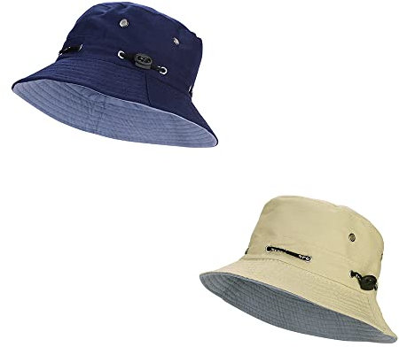 HKSCKJ Fischerhut Sommer Unisex Sonnenhut UPF50+ Bucket Hut Extra Leicht Fischermütze Atmungsaktiv Eimerhut Verstellbar Anglerhut Faltbar Sommerhut Damen Sonnenmütze für Outdoor Dunkelblau und Beige