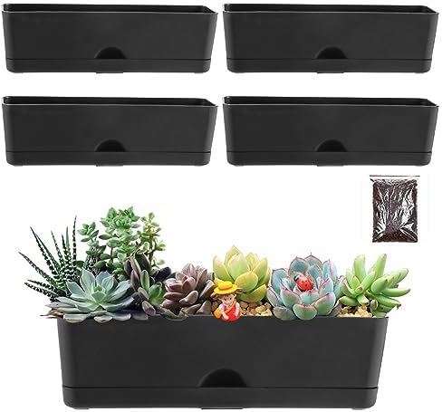 5 Pack Window Boxes 16 Inches Rectangular Planter - Large Plastic Flower Pots for Herbs and Succulents - Indoor/Outdoor Black Self-Watering Window Sill Planters