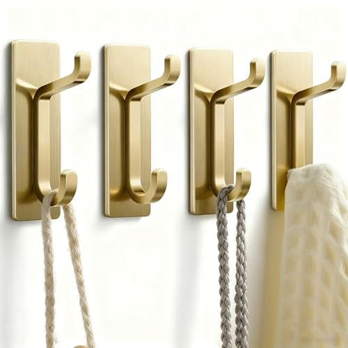 pickpiff Self Adhesive Hooks, Extra Sticky and Strong, Hanging up to 6KG, Heavy Duty Stick on, No-Nail Hook for Back of Door, Brushed Gold, 4 Pack