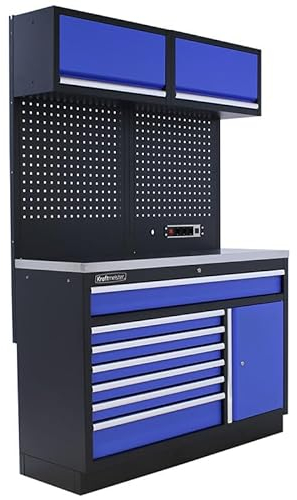 Kraftmeister Werkstatteinrichtung - Männerküche mit 7 Schubladen und 3 Schränken - Werkzeugschrank, Garage - modulares Werkbank mit Edelstahl Arbeitsplatte und Werkzeugwand - Blau