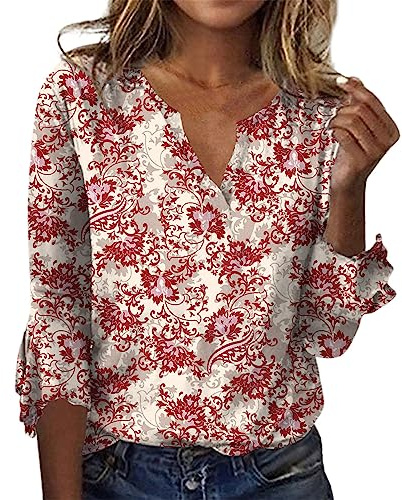 TIMEMEAN T-shirt Dam, T-shirt Dam Bell med 3/4-ärmar och V-ringning Toppar Sommar med Boho Blommigt Tryck och Avslappnad Kjole för Utgång, XXL