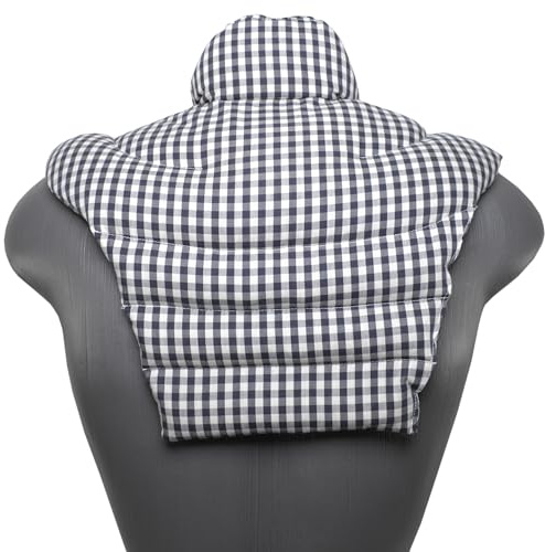 Cojín térmico para las vértebras cervicales – Cuello + hombros + espalda. Algodón biológico a cuadros azul y blanco. Almohada térmica con semillas de colza. Cojín de nuca. Cojín de calor y frio