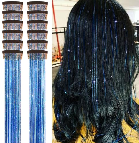 12 Clip-in-Haar-Lametta-Set, 20,5 Zoll glitzernde, hitzebeständige Haar-Lametta-Verlängerungen, Feenhaar mit Clips, glitzernde Strähnen, Party-Haar-Accessoires für Frauen und Mädchen (Schatz Blau)