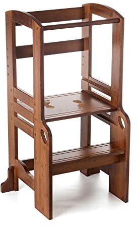 UNICOO Bamboo Height Adjustable Kids Kitchen Step Stool, Kids Learning Stool, Toddlers Stool, Toddler Standing Tower, Safe Step Stool for 1-5 Years Old Kids, Counter Step (M2.5-Antique Oak)