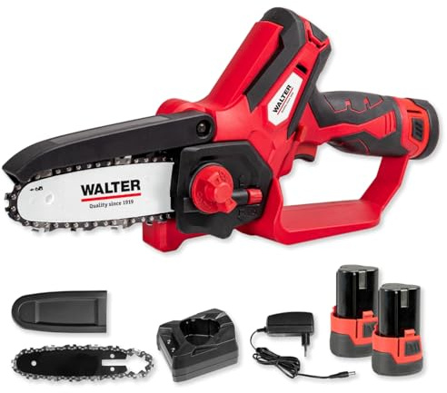WALTER Kompakte Einhand Kettensäge, 2x 12V Li-Ion Akku | Ladegerät und Zubehör, Leichte Mini, Entaster für Gartenarbeit, Schwertlänge 158 mm, leistungsstarker Motor