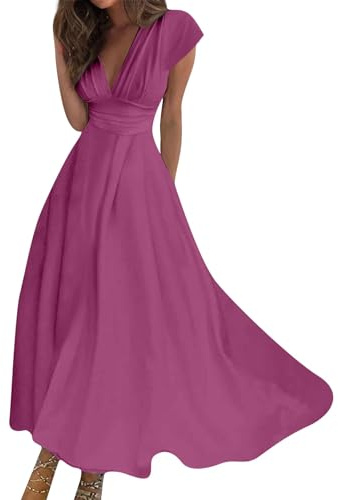Robe Femme Chic Et Élégante Sexy Col en V Manches Courtes Longue Bohème Classique Couleur Unie Vintage De Cocktail pour Dames
