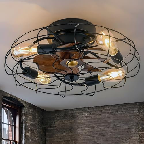 Wandun E27 Ceiling Fan With Lamp And Remote Control Quiet Fan Ceiling Light Retro Industrial Fan Ceiling Lamp Reversible Motor Vintage Iron Cage Pendant Light Fan Light (without bulb)
