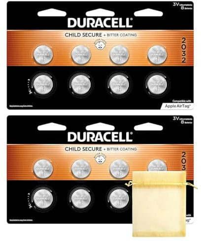 DURACELL Batteria al litio 2032, confezione da 8 pezzi, caratteristiche di sicurezza per bambini, compatibile con Apple AirTag, portachiavi e altri dispositivi. Batteria a bottone al litio CR2032.