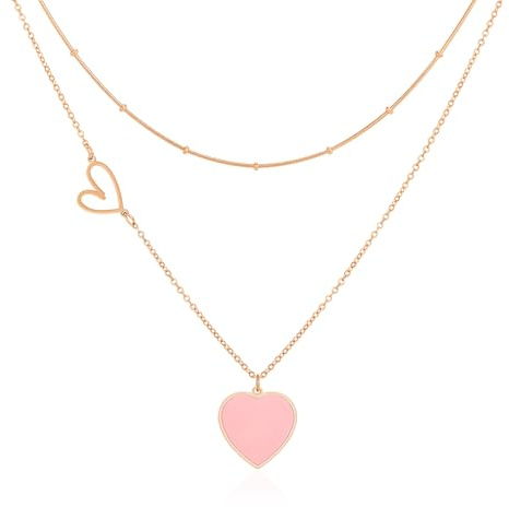 Linawe Collar con forma de corazón rosa para mujer, collar con colgante de oro rosa, cadena de acero inoxidable, conjuntos de joyas de acero inoxidable, llamativo juego de cadenas con capas