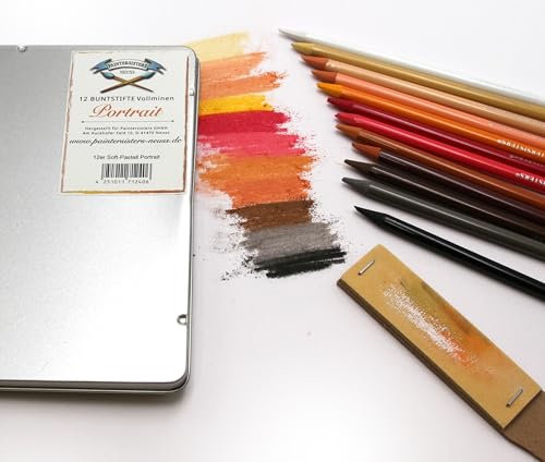 Paintersisters® 12er Pastell Buntstifte ohne Holz | Künstlerfarbstifte Set in Metallbox | Verwischbare Farbstifte zum Zeichnen, Malen, Skizzieren (Portrait)