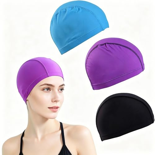 Lot de 3 bonnets de bain pour enfants et adultes, bonnet de bain fille et garçon, bonnet de bain fille cheveux longs, confortable, durable et très élastique