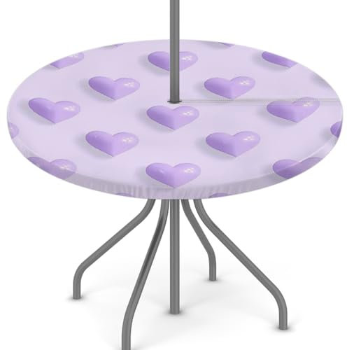 Woltant Nappe ronde avec trou de parasol et fermeture éclair facile à nettoyer avec bords élastiques - Protection de table d'extérieur pour jardin, terrasse, barbecue - Motif cœur violet mignon