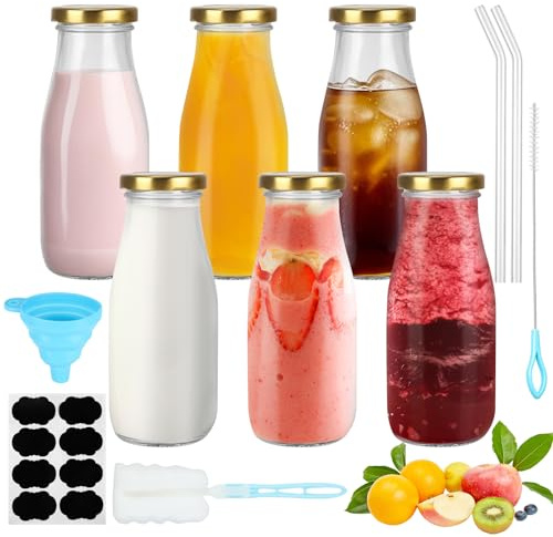 6 Stück Glasflaschen 280ml, Glasflaschen zum Befüllen, Smoothie Flasche | mit Stroh, Trichter, Bürsten, Etiketten, Wiederverwendbar Saftflaschen für Säfte, Milch, Smoothies (Gold-Deckel)