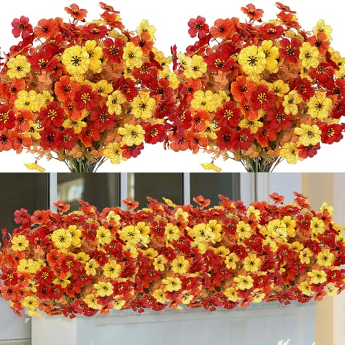 LOMOHOO Autumn Artificial Flowers 9 Bundles Orange Artificial Flowers Outdoor UV Resistant Autumn Decorations, Artificial Plants Outdoor Faux Flowers Silk for Outside Garden Window Boxes Home Decor