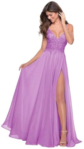 Bascabeen Spalline sottili scollo a V chiffon abiti da ballo in pizzo appliqued lunghi abiti da damigella d'onore con fessura abito da sera formale, Lilla, 42