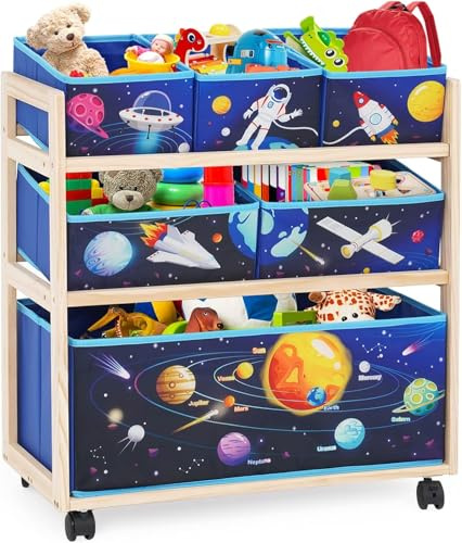 EULEUY Armario de Almacenamiento para Niños, Almacenaje Juguetes con 6 Cajas, Estantería Infantil para Juguete de 3 Niveles, Caja de Juguetes para Habitación Infantil, Escuela, Guardería (Azul)
