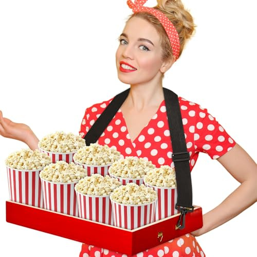 Wooden Snack Trays with Strap Red Movie Night Party Usherette Serving Tray 15.7 x 11.8 x 2.2 Inch Wooden Popcorn Drink Beverage Carrier for 20's Theme Christmas Carnival Costume Accessory Prop Adult