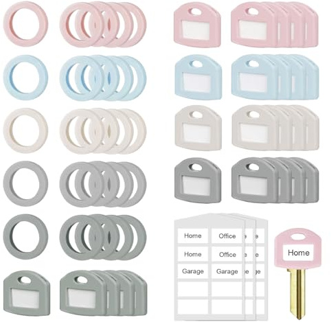 CllyCnny 50PCS Silicone Key Covers Caps Set with Labels - Round & Square Key Identifier Covers for Standard Flat House Keys, Color Key Caps Protectors for Home Office Keys