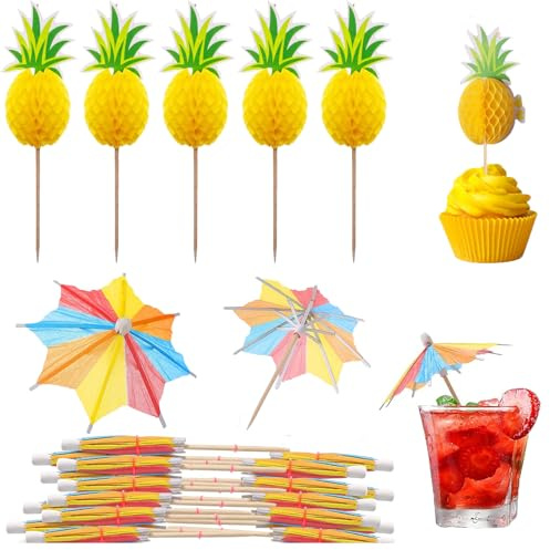 50 stycken cocktaildekoration, träspett fingermat med anananas, cocktailparaplyer partytillbehör, cocktailspett för fruktsnacks drycker, kakor, glassbägare och fest, bröllopsfest, bar, dekoration