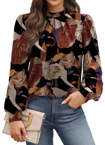 WIHOLL Blouses for Women Long Sleeve Tops Mock Neck Pleated Shirts Ladies Tops Business Loose Fit Size 14-16 Floral Print